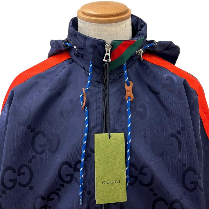 未使用品▲GUCCI グッチ 22AW 685818 ジャンボGG フード付き ハーフZIP ナイロンジャケット ネイビー レッド 44 イタリア製 正規品 メンズ