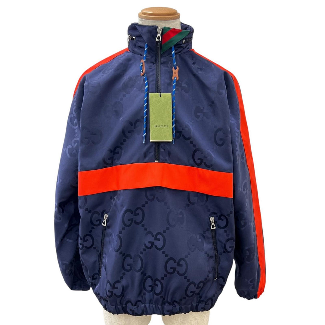 未使用品▲GUCCI グッチ 22AW 685818 ジャンボGG フード付き ハーフZIP ナイロンジャケット ネイビー レッド 44 イタリア製 正規品 メンズ