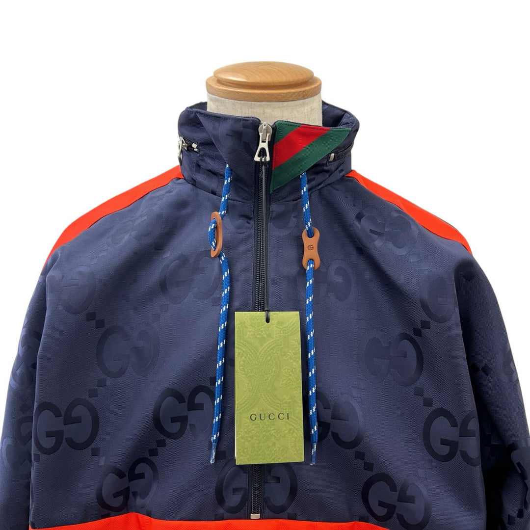 未使用品▲GUCCI グッチ 22AW 685818 ジャンボGG フード付き ハーフZIP ナイロンジャケット ネイビー レッド 44 イタリア製 正規品 メンズ