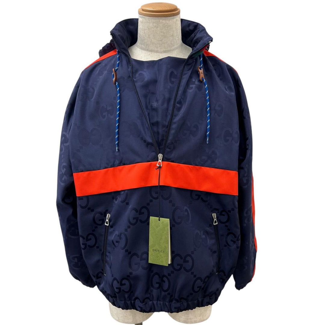 未使用品▲GUCCI グッチ 22AW 685818 ジャンボGG フード付き ハーフZIP ナイロンジャケット ネイビー レッド 44 イタリア製 正規品 メンズ