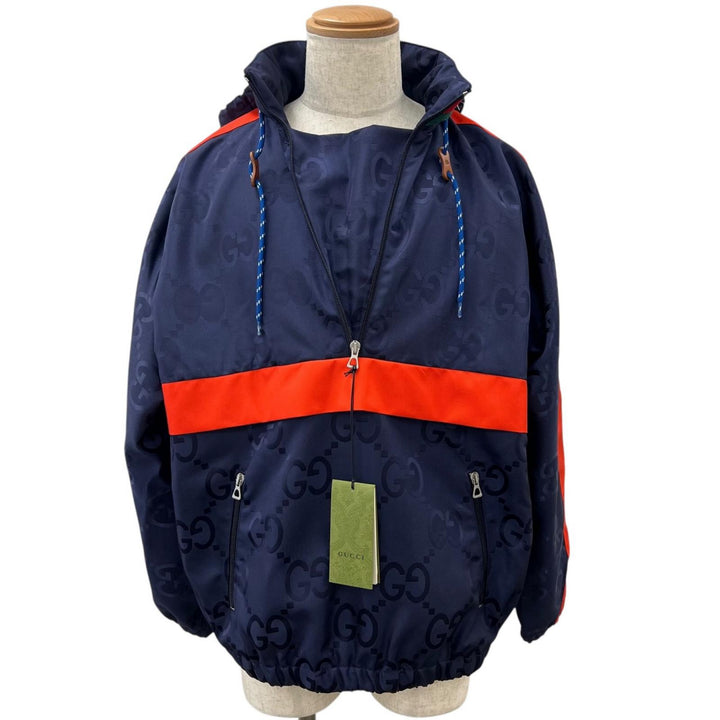 未使用品▲GUCCI グッチ 22AW 685818 ジャンボGG フード付き ハーフZIP ナイロンジャケット ネイビー レッド 44 イタリア製 正規品 メンズ