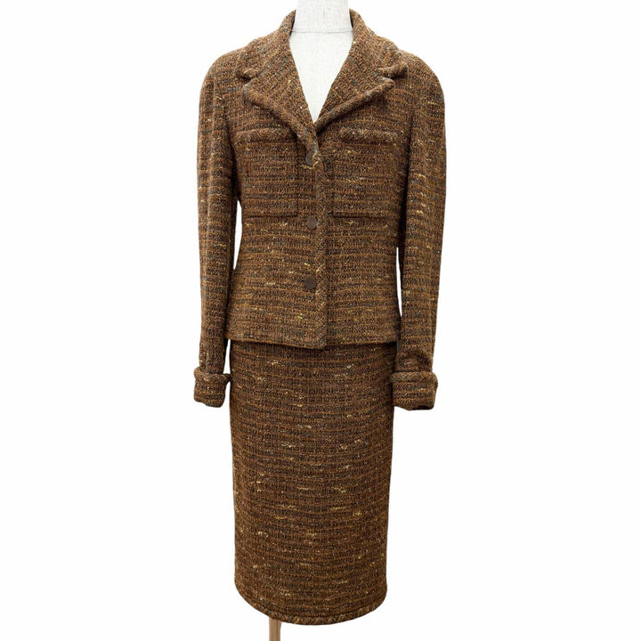 極美品△CHANEL シャネル ヴィンテージ P12140 98A ウール ココマークボタン ツイード スカートスーツ セットアップ ブラウン 38 36 仏製