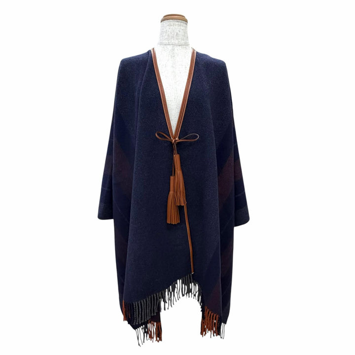 極美品△HERMES エルメス Rocabar ロカバール ウール カシミヤ レザートリミング タッセル付き フリンジ ケープ ポンチョ ネイビー系