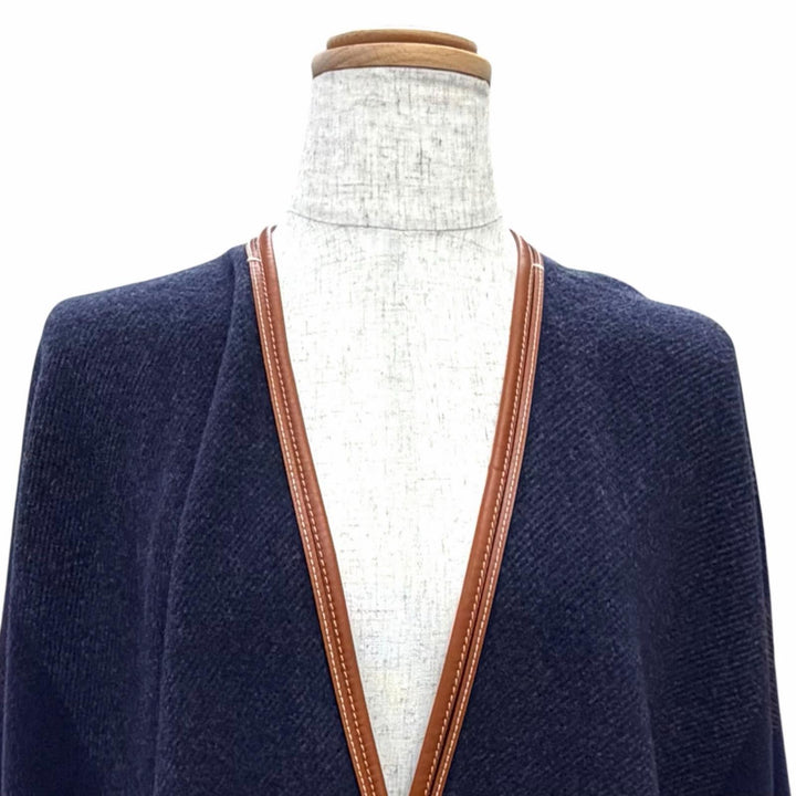 極美品△HERMES エルメス Rocabar ロカバール ウール カシミヤ レザートリミング タッセル付き フリンジ ケープ ポンチョ ネイビー系