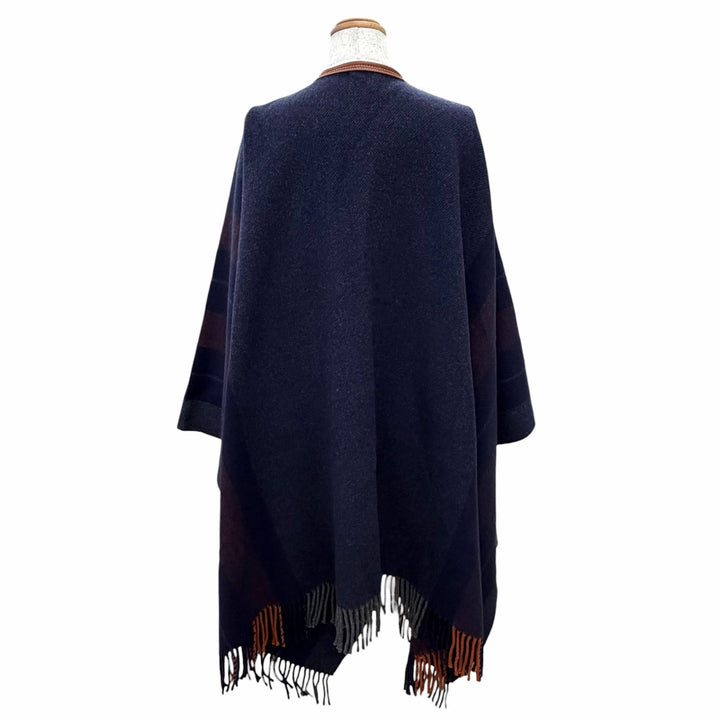 極美品△HERMES エルメス Rocabar ロカバール ウール カシミヤ レザートリミング タッセル付き フリンジ ケープ ポンチョ ネイビー系