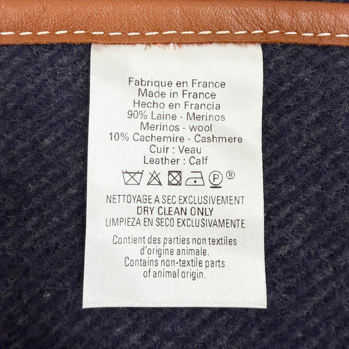 極美品△HERMES エルメス Rocabar ロカバール ウール カシミヤ レザートリミング タッセル付き フリンジ ケープ ポンチョ ネイビー系