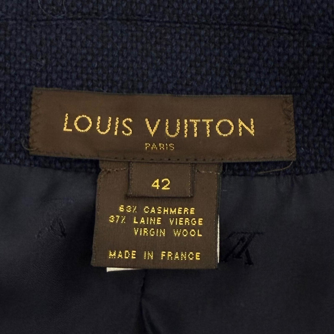 美品★LOUIS VUITTON ルイヴィトン カシミヤ ウール混 裏地モノグラム 比翼仕立て ジャケット ネイビー 42 フランス製 正規品 レディース