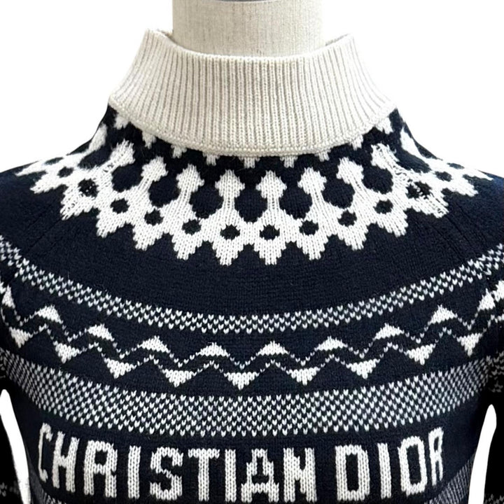 美品★Christian Dior クリスチャンディオール 144S60AM134 ウール カシミヤ混 ロゴ刺繍 ノルディック柄 ハイネック セーター 38 正規品