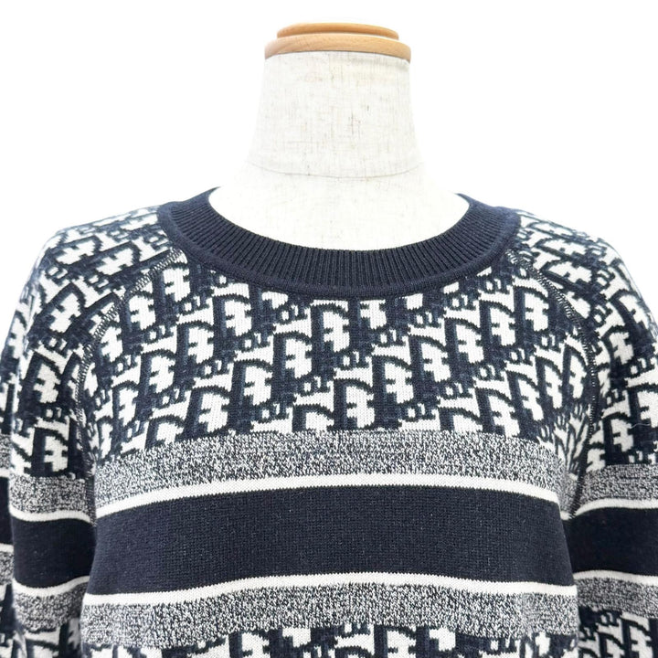 美品△Christian Dior クリスチャンディオール 054S55AM055 カシミヤ97％ オブリーク ロゴ リバーシブル 長袖 ニット ネイビー 44 正規品