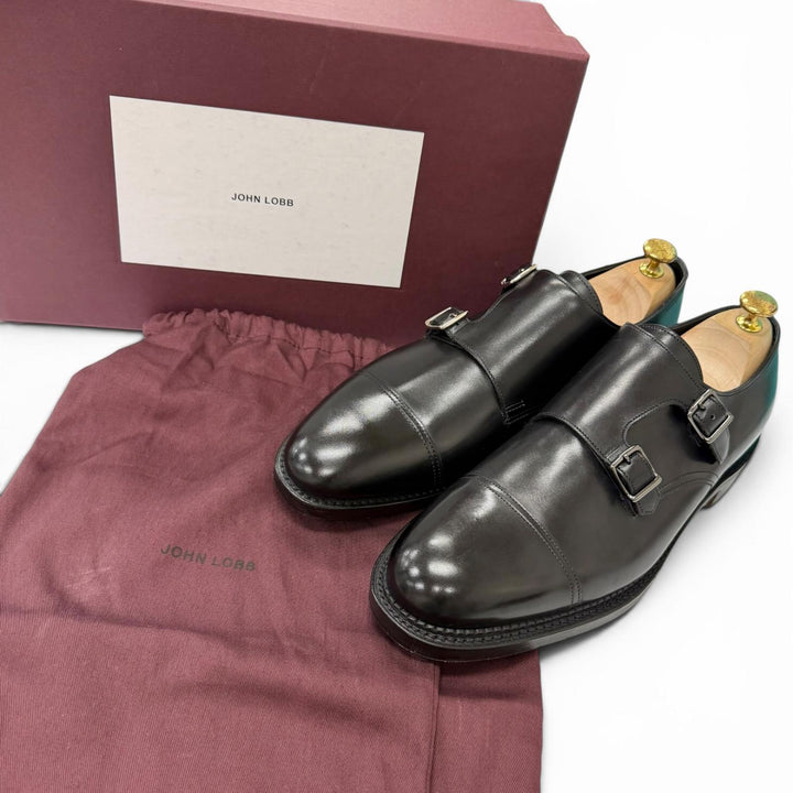 未使用品□John Lobb ジョンロブ WILLIAM レザー ダブルモンクストラップ ドレスシューズ ブラック 9E イングランド製 訳有 左右木型違い