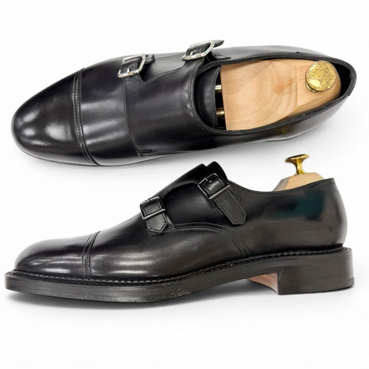 未使用品□John Lobb ジョンロブ WILLIAM レザー ダブルモンクストラップ ドレスシューズ ブラック 9E イングランド製 訳有 左右木型違い