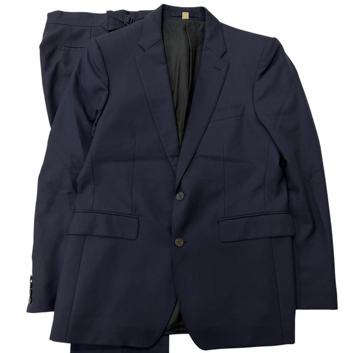 美品□BURBERRY バーバリー 8001230 ウール100％ シングルスーツ 上下セットアップ ネイビー JKT52/PT50 イタリア製 正規品 メンズ