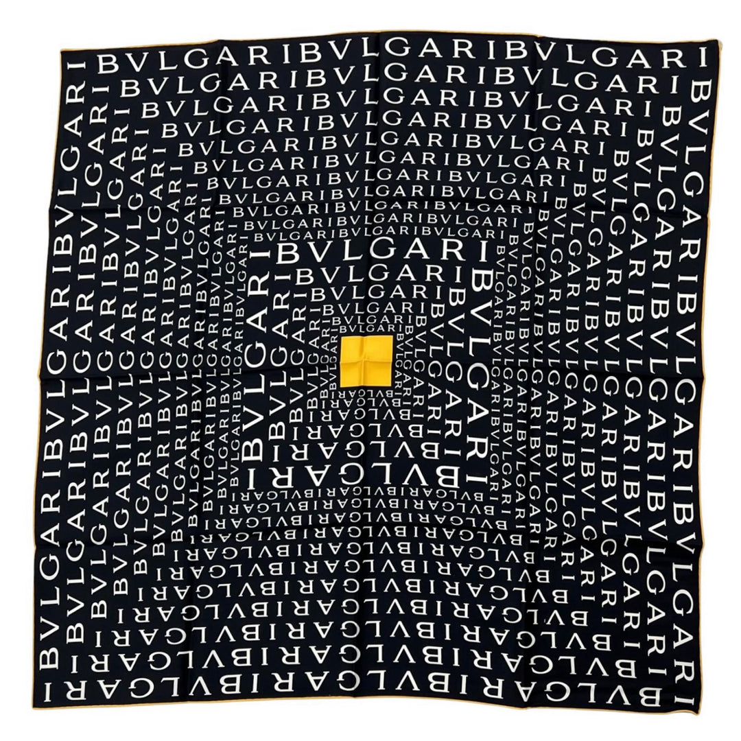 未使用品▲BVLGARI ブルガリ ロゴマニア シルク100％ 総柄 大判 ストール スカーフ ブラック ホワイト イタリア製 メンズ 箱付き