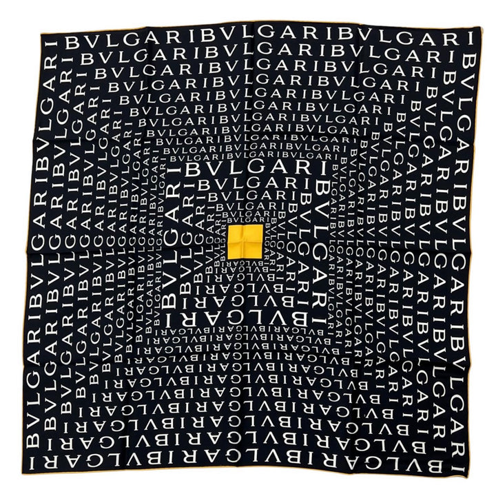 未使用品▲BVLGARI ブルガリ ロゴマニア シルク100％ 総柄 大判 ストール スカーフ ブラック ホワイト イタリア製 メンズ 箱付き