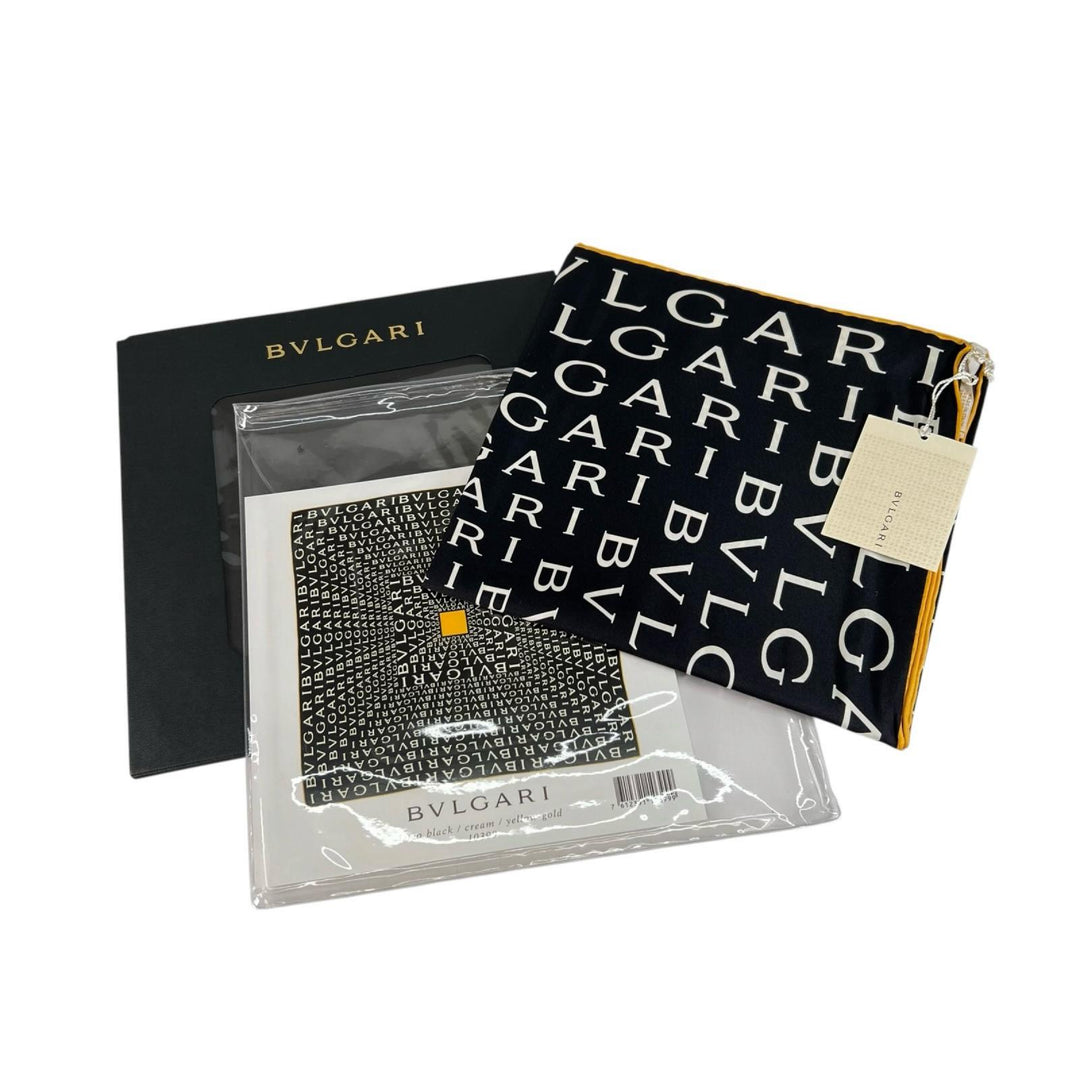 未使用品▲BVLGARI ブルガリ ロゴマニア シルク100％ 総柄 大判 ストール スカーフ ブラック ホワイト イタリア製 メンズ 箱付き