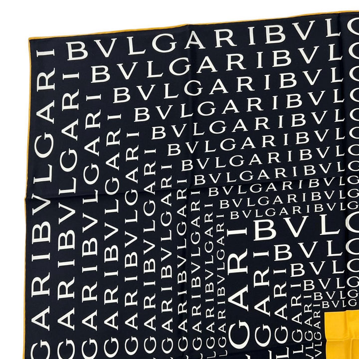 未使用品▲BVLGARI ブルガリ ロゴマニア シルク100％ 総柄 大判 ストール スカーフ ブラック ホワイト イタリア製 メンズ 箱付き
