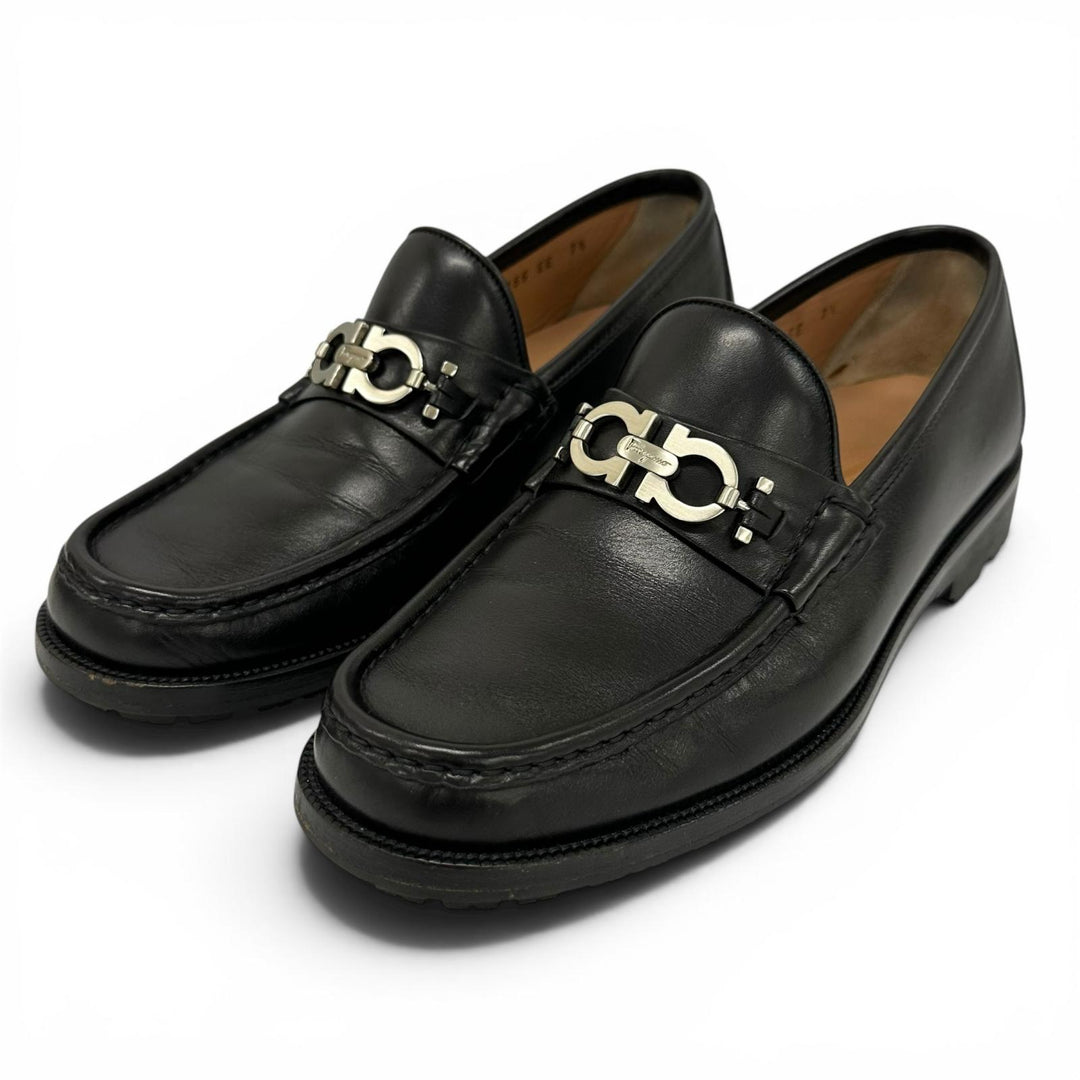 美品▲Salvatore Ferragamo サルヴァトーレフェラガモ Uチップ ダブルガンチーニ レザー ローファー ブラック シルバー金具 7.5 メンズ