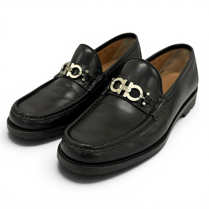 美品▲Salvatore Ferragamo サルヴァトーレフェラガモ Uチップ ダブルガンチーニ レザー ローファー ブラック シルバー金具 7.5 メンズ