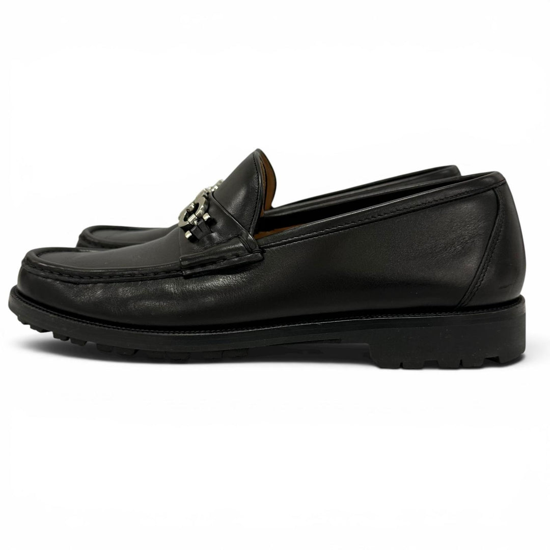 美品▲Salvatore Ferragamo サルヴァトーレフェラガモ Uチップ ダブルガンチーニ レザー ローファー ブラック シルバー金具 7.5 メンズ