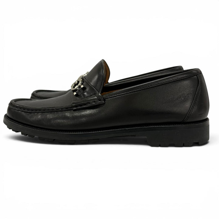 美品▲Salvatore Ferragamo サルヴァトーレフェラガモ Uチップ ダブルガンチーニ レザー ローファー ブラック シルバー金具 7.5 メンズ