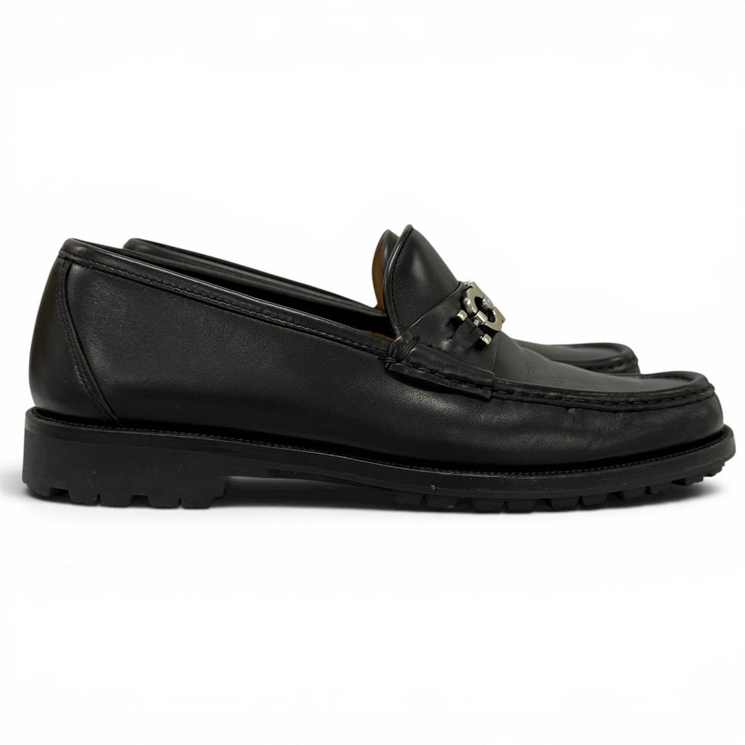 美品▲Salvatore Ferragamo サルヴァトーレフェラガモ Uチップ ダブルガンチーニ レザー ローファー ブラック シルバー金具 7.5 メンズ