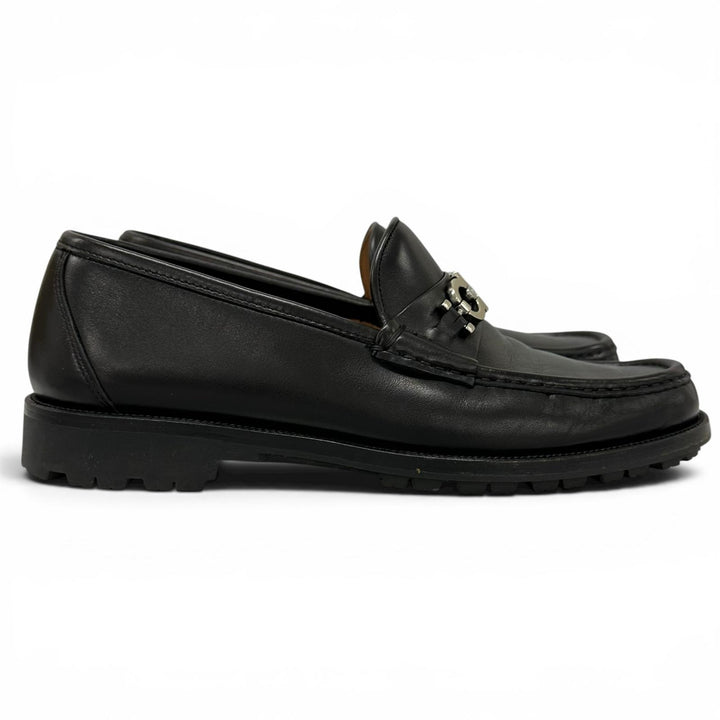 美品▲Salvatore Ferragamo サルヴァトーレフェラガモ Uチップ ダブルガンチーニ レザー ローファー ブラック シルバー金具 7.5 メンズ