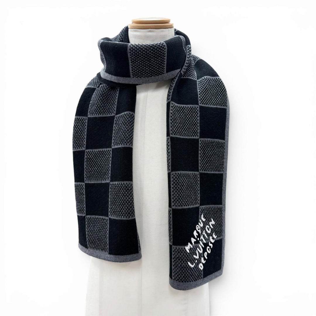 極美品▼LOUIS VUITTON ルイヴィトン 2024年製 M92664 マフラー ダミエ ヘリテージ ウール100% ノワール マフラー 正規品 メンズ 箱付き