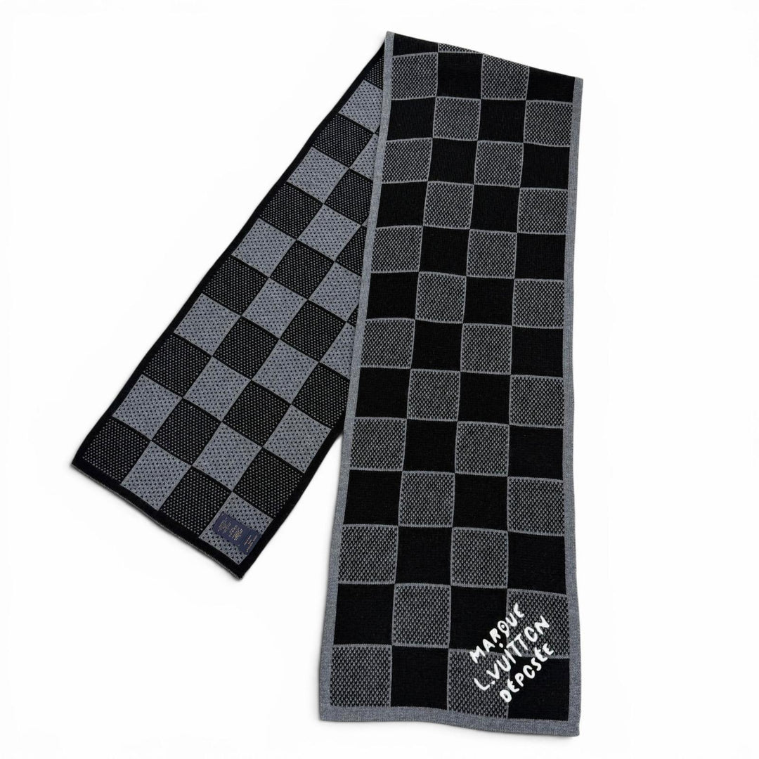 極美品▼LOUIS VUITTON ルイヴィトン 2024年製 M92664 マフラー ダミエ ヘリテージ ウール100% ノワール マフラー 正規品 メンズ 箱付き