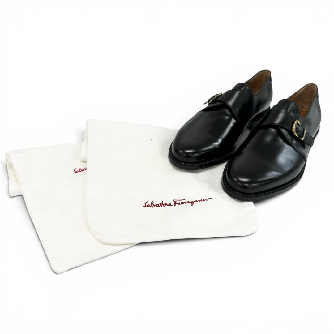 極美品▲Salvatore Ferragamo サルヴァトーレフェラガモ シングルモンクストラップ レザーシューズ ブラック 8.5 伊製 メンズ 保存袋付き