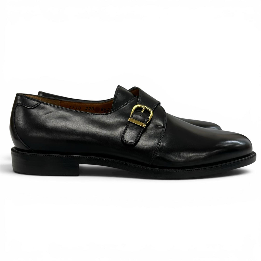 極美品▲Salvatore Ferragamo サルヴァトーレフェラガモ シングルモンクストラップ レザーシューズ ブラック 8.5 伊製 メンズ 保存袋付き