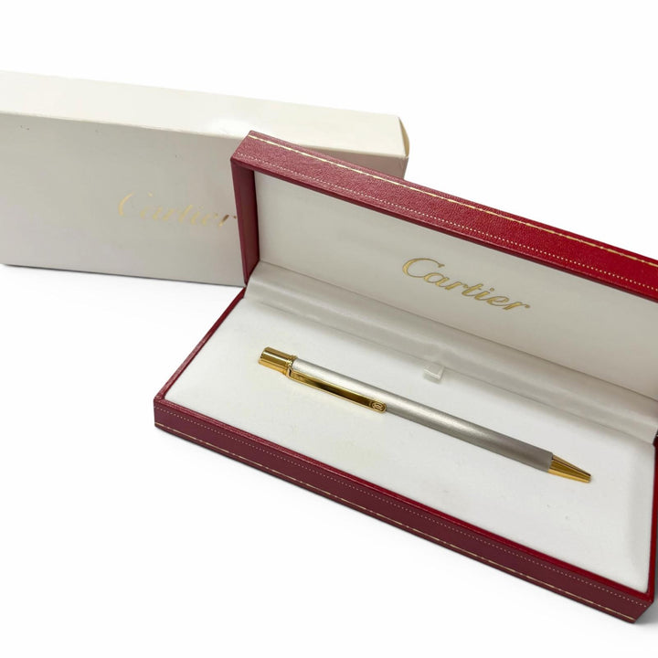 極美品□Cartier カルティエ マスト ドゥ カルティエ ヘアライン ボールペン シルバー ゴールド フランス製 メンズ 筆記確認済み