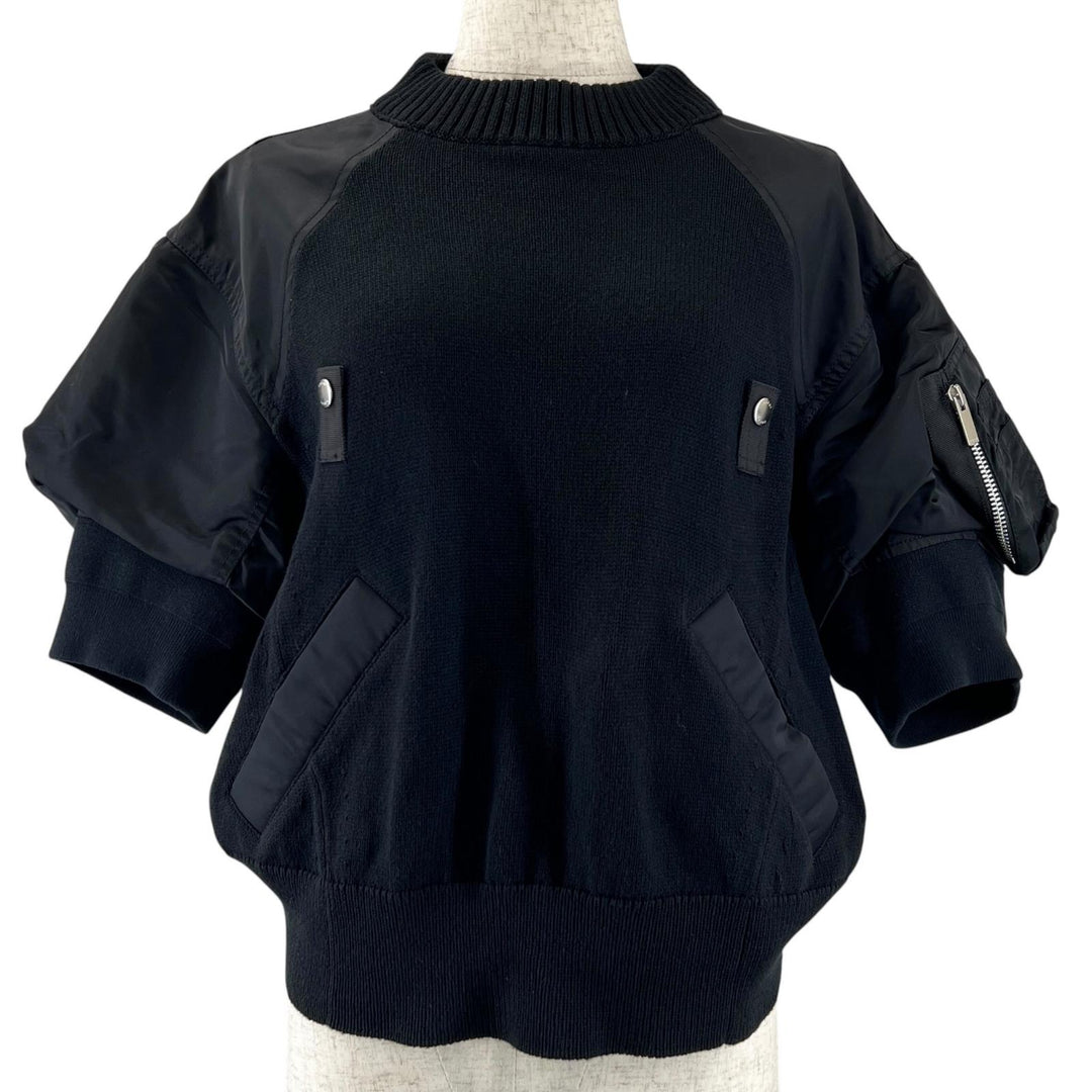 極美品▲Sacai サカイ 24SS 24-07087 ナイロンツイルニットプルオーバー ドッキング パフスリーブ 半袖ニット ブラック 1 レディース