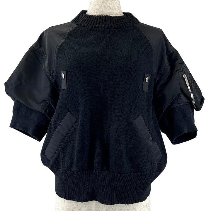 極美品▲Sacai サカイ 24SS 24-07087 ナイロンツイルニットプルオーバー ドッキング パフスリーブ 半袖ニット ブラック 1 レディース