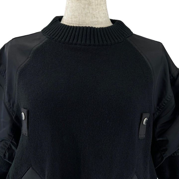 極美品▲Sacai サカイ 24SS 24-07087 ナイロンツイルニットプルオーバー ドッキング パフスリーブ 半袖ニット ブラック 1 レディース