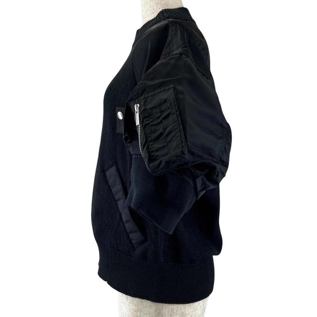 極美品▲Sacai サカイ 24SS 24-07087 ナイロンツイルニットプルオーバー ドッキング パフスリーブ 半袖ニット ブラック 1 レディース