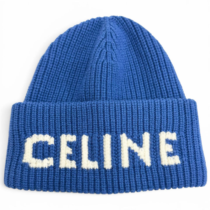 極美品△CELINE セリーヌ AA0H92I93 ウール カシミヤ ロゴ リブ ニットキャップ ビーニー ニット帽 ブルー イタリア製 正規品 レディース