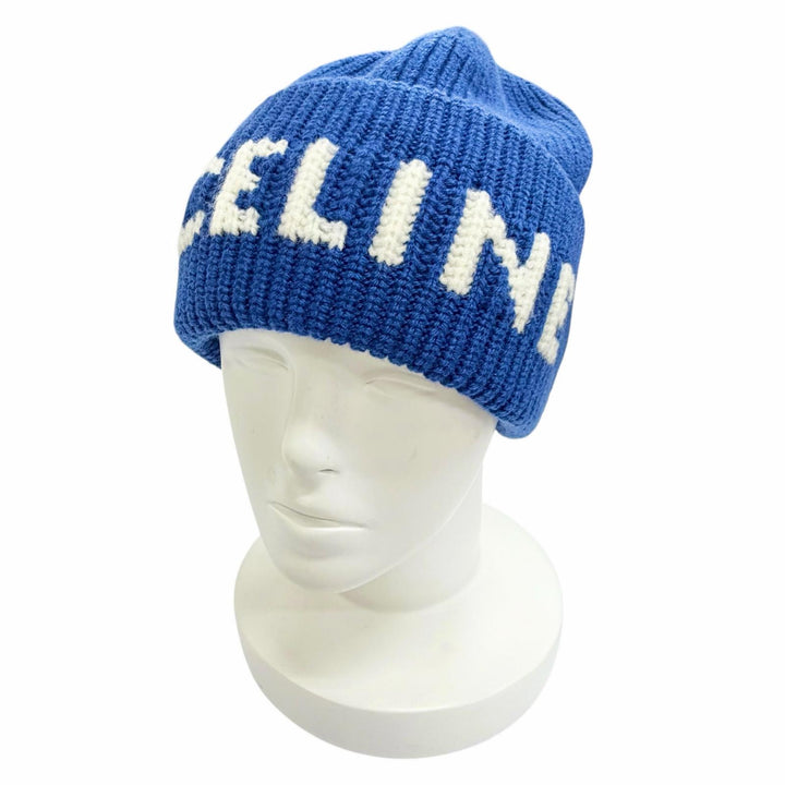 極美品△CELINE セリーヌ AA0H92I93 ウール カシミヤ ロゴ リブ ニットキャップ ビーニー ニット帽 ブルー イタリア製 正規品 レディース