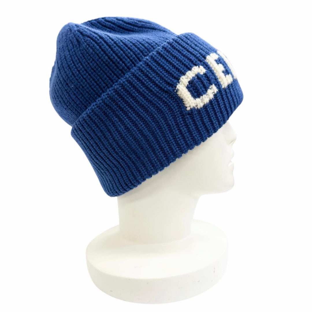 極美品△CELINE セリーヌ AA0H92I93 ウール カシミヤ ロゴ リブ ニットキャップ ビーニー ニット帽 ブルー イタリア製 正規品 レディース