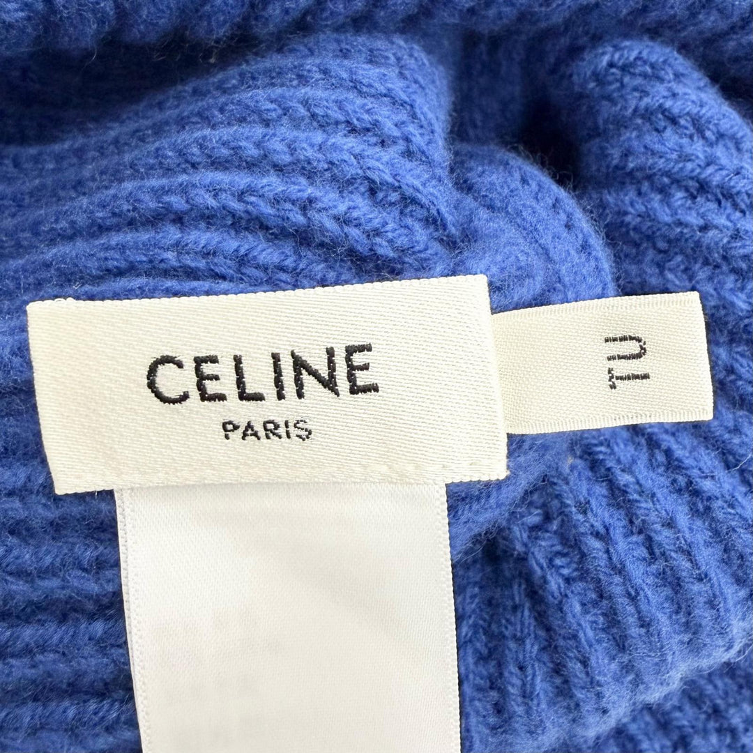 極美品△CELINE セリーヌ AA0H92I93 ウール カシミヤ ロゴ リブ ニットキャップ ビーニー ニット帽 ブルー イタリア製 正規品 レディース