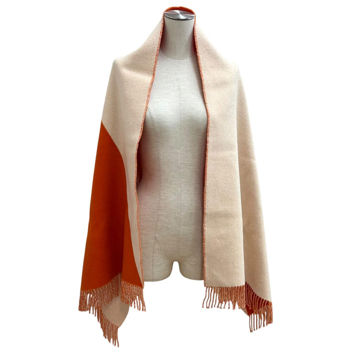 極美品★HERMES エルメス カシミヤ100％ カザック バイカラー フリンジ 大判 マフラー ストール ベージュ オレンジ 英国製 レディース