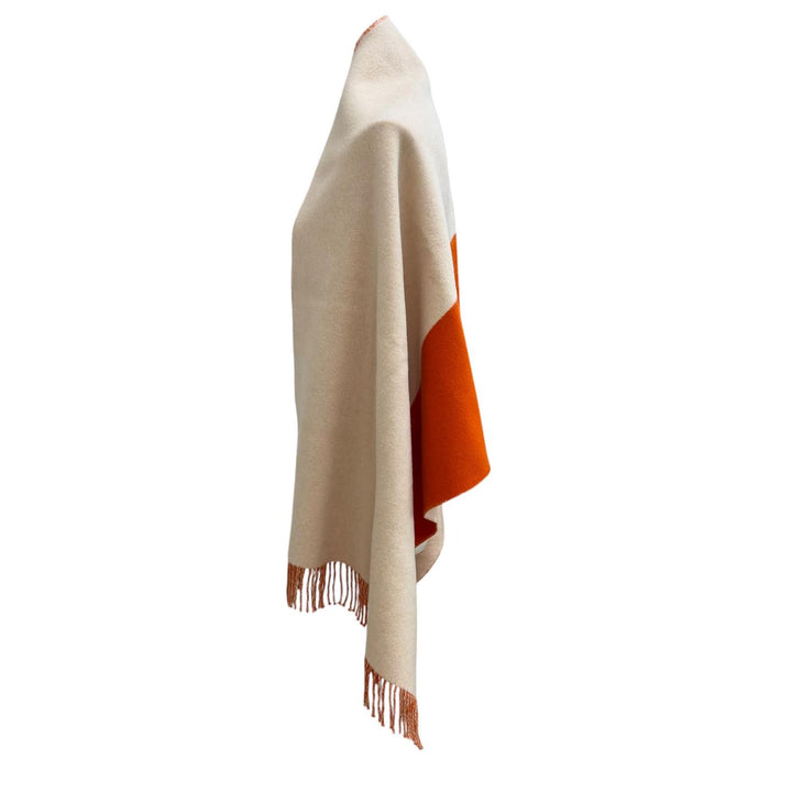 極美品★HERMES エルメス カシミヤ100％ カザック バイカラー フリンジ 大判 マフラー ストール ベージュ オレンジ 英国製 レディース