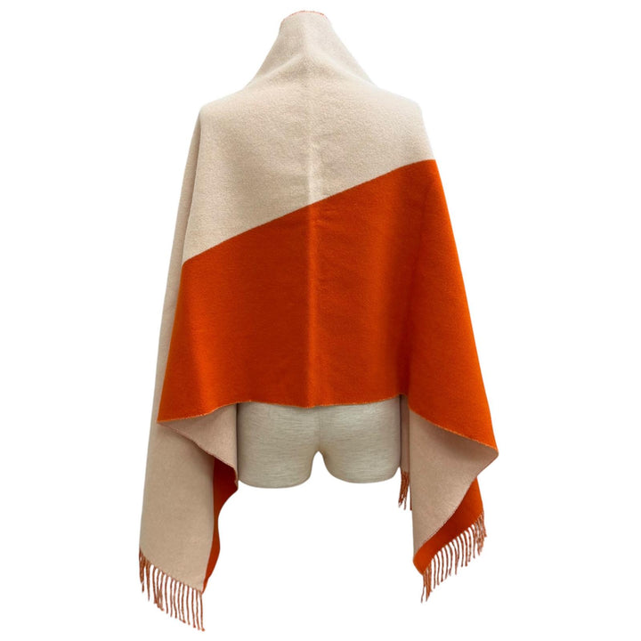 極美品★HERMES エルメス カシミヤ100％ カザック バイカラー フリンジ 大判 マフラー ストール ベージュ オレンジ 英国製 レディース