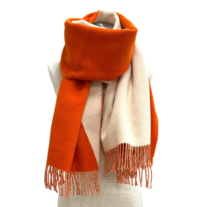 極美品★HERMES エルメス カシミヤ100％ カザック バイカラー フリンジ 大判 マフラー ストール ベージュ オレンジ 英国製 レディース