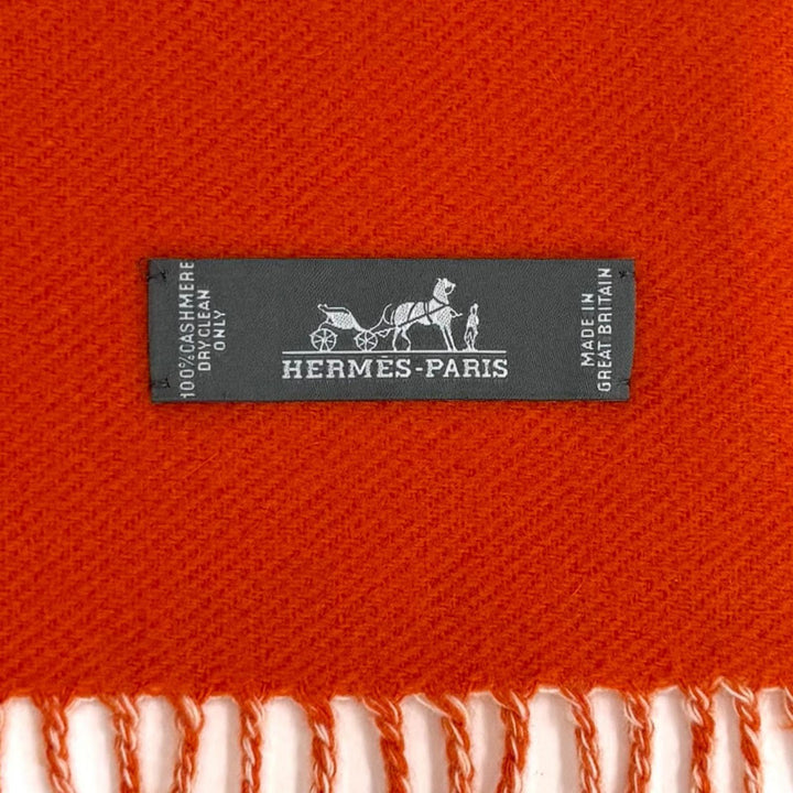 極美品★HERMES エルメス カシミヤ100％ カザック バイカラー フリンジ 大判 マフラー ストール ベージュ オレンジ 英国製 レディース