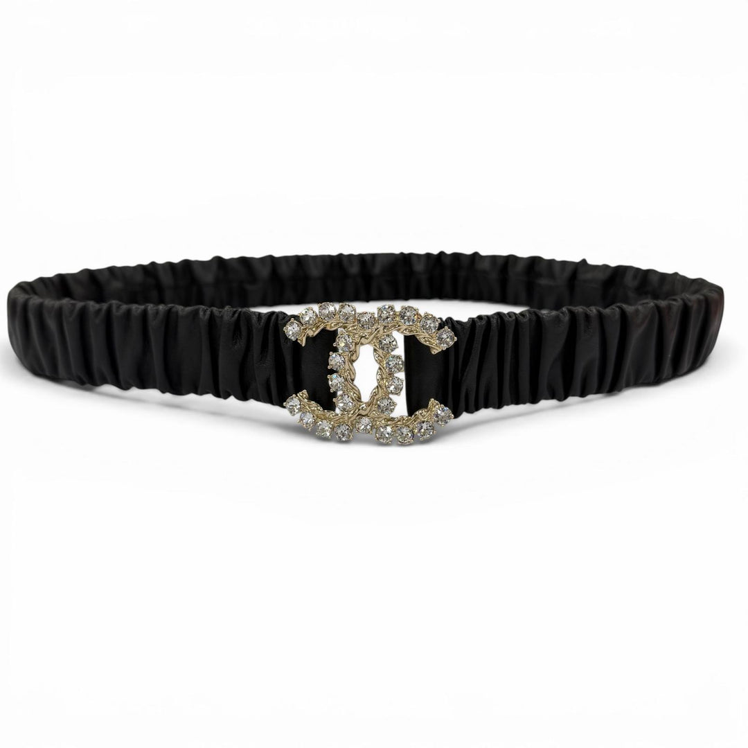 極美品☆CHANEL シャネル B21C ココマーク ラインストーン レザー ゴム ベルト ブラック ゴールド金具 80/32 イタリア製 レディース
