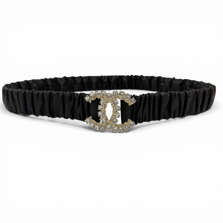 極美品☆CHANEL シャネル B21C ココマーク ラインストーン レザー ゴム ベルト ブラック ゴールド金具 80/32 イタリア製 レディース