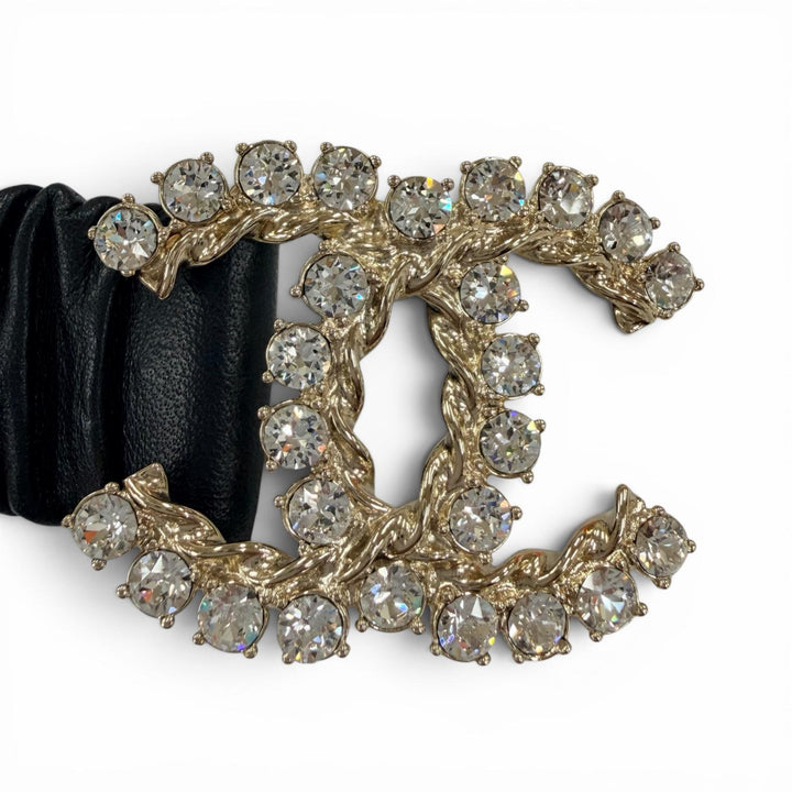 極美品☆CHANEL シャネル B21C ココマーク ラインストーン レザー ゴム ベルト ブラック ゴールド金具 80/32 イタリア製 レディース