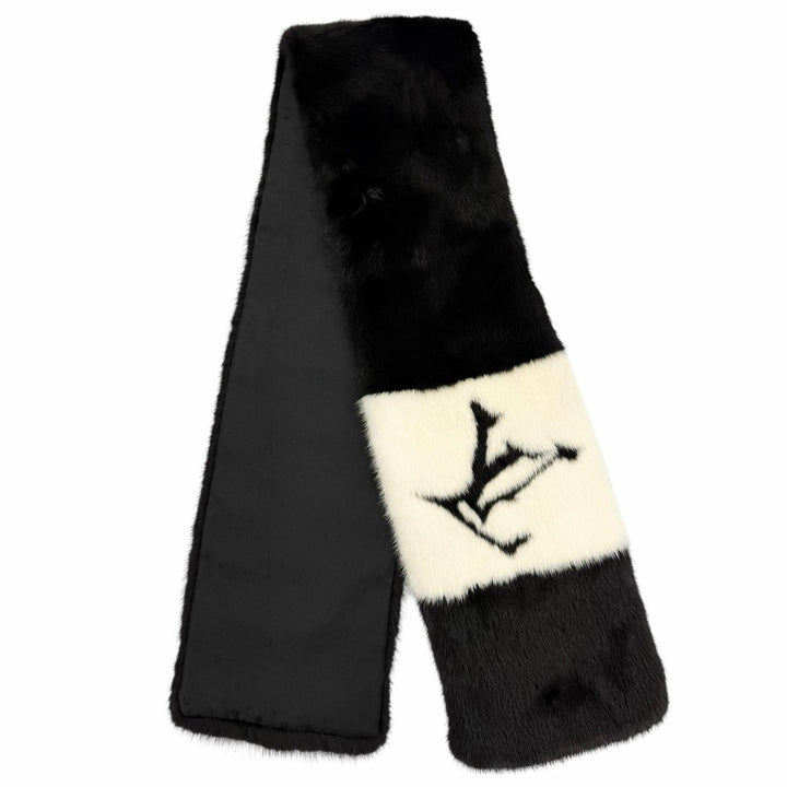 美品◇LOUIS VUITTON ルイヴィトン M77866 エシャルプ ゴーグラム ミンク LVロゴ 裏モノグラム ティペット ショール ブラック ホワイト