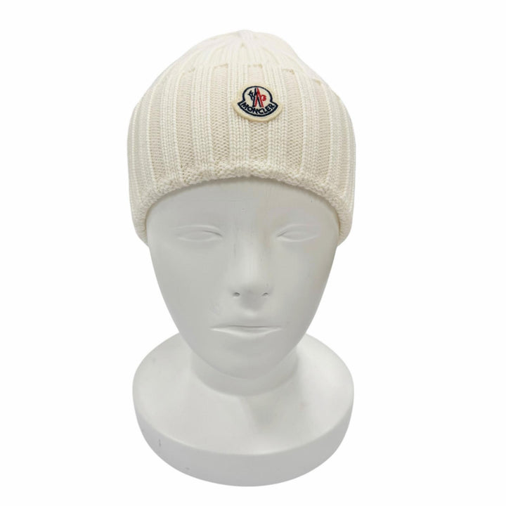 未使用品◇MONCLER モンクレール ウール100％ ロゴワッペン付 ビーニー ニットキャップ ニット帽 アイボリー UNI 正規品 レディース 箱付