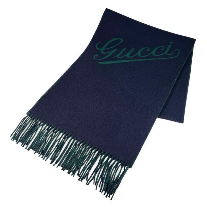 未使用品▲GUCCI グッチ 24AW 795273 スクリプト スカーフ ウール カシミヤ混 マフラー ネイビー グリーン 伊製 正規品 メンズ 箱付き